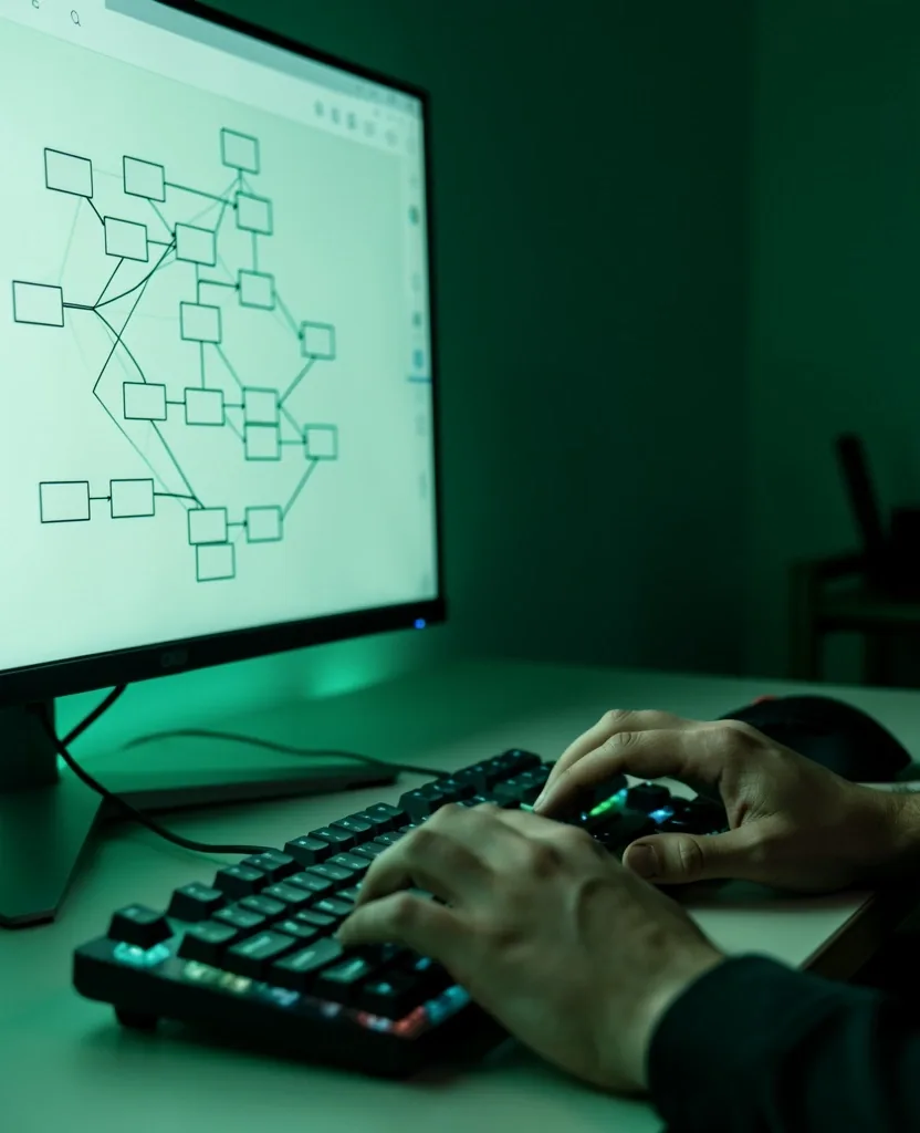 Interfaz visual de desarrollo no-code con nodos lógicos conectados