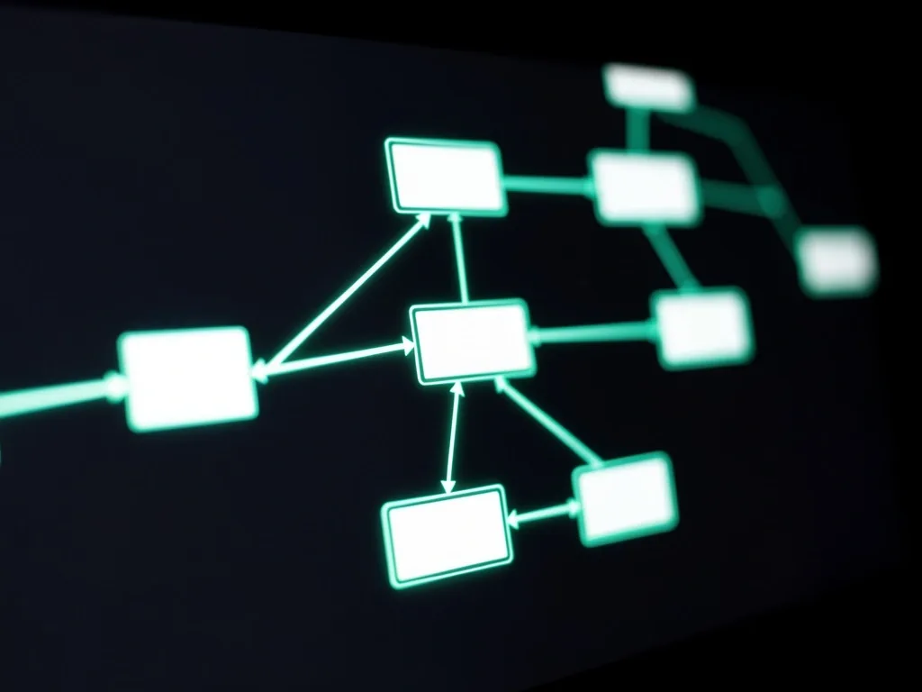 Editor de flujo lógico no-code con conexiones verde menta
