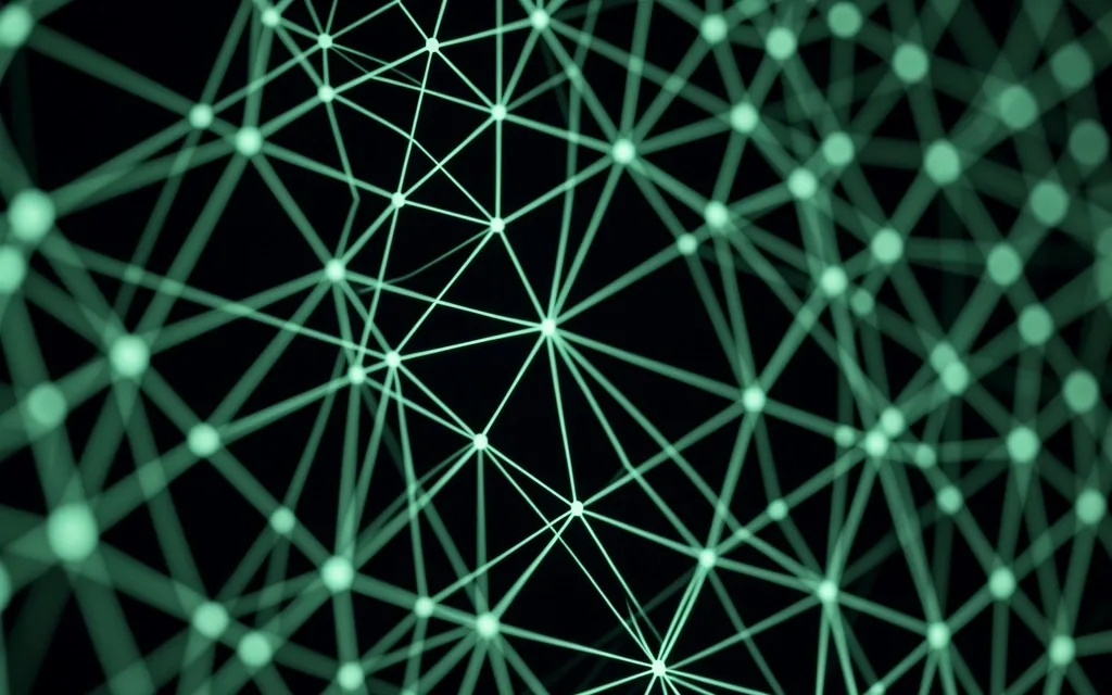 Red de nodos de datos con conexiones verde menta sobre fondo oscuro