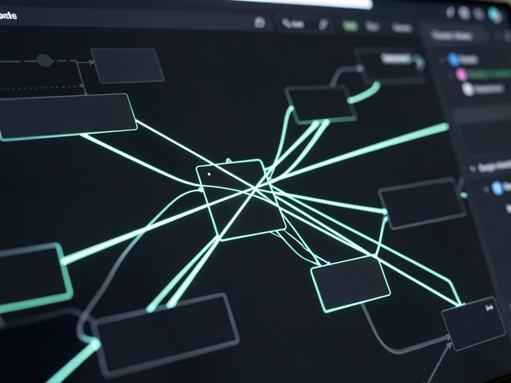 Editor de flujos de trabajo no-code con nodos de lógica conectados