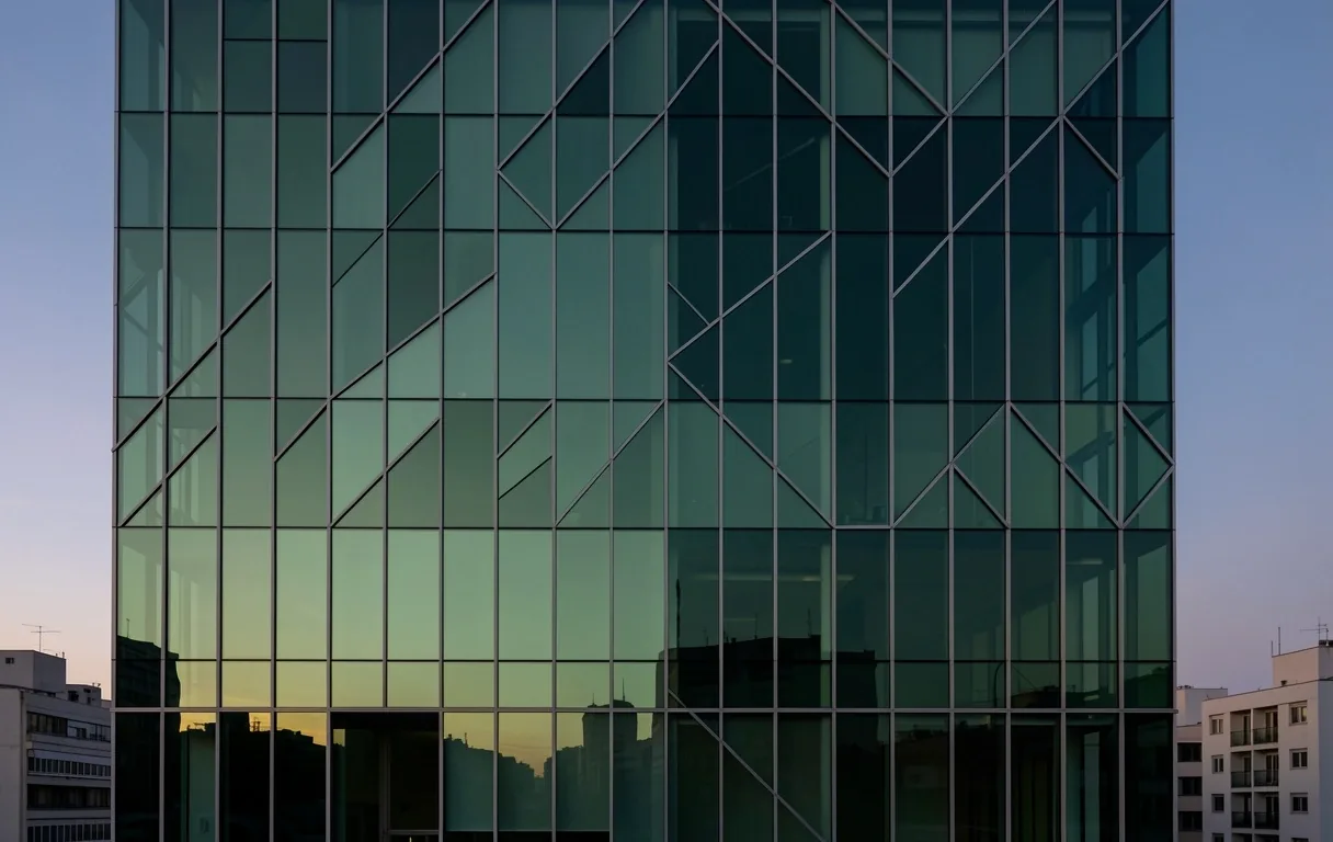 Arquitectura moderna con estructura de grilla y reflejos verdes